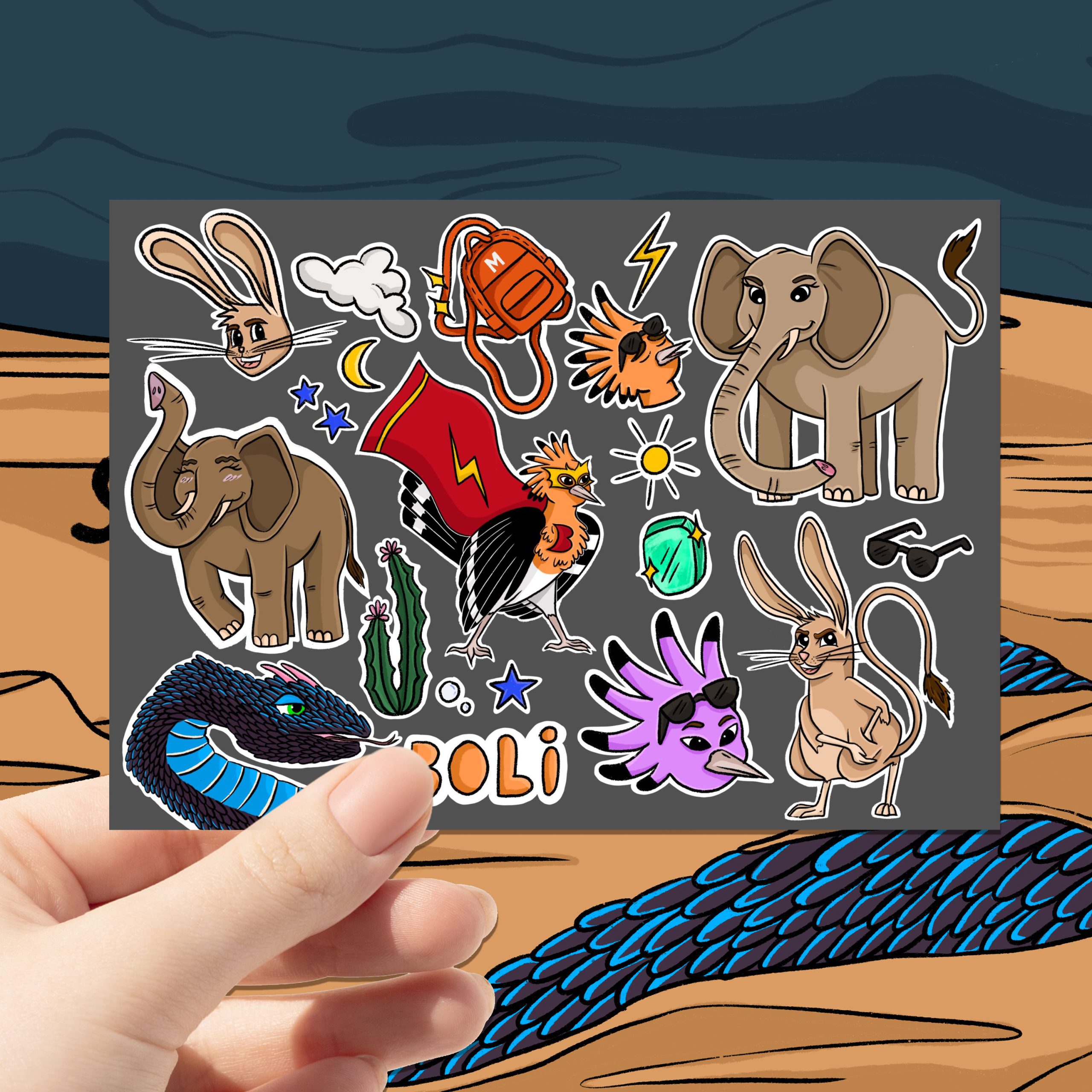 cute stickers, animal stickers, sticker sheet, water bottle stickers, sticker books for kids, Boli and the Desert