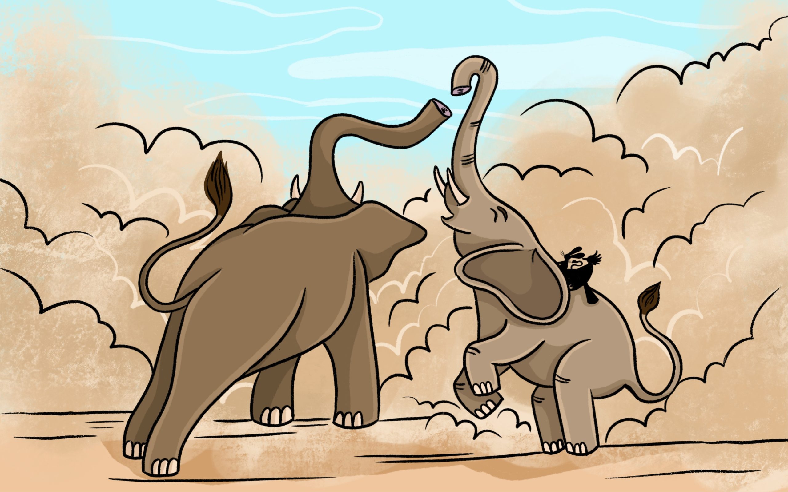 Elephants Sophie and Coffee digging for water int he desert from the kids story Boli and the Desert